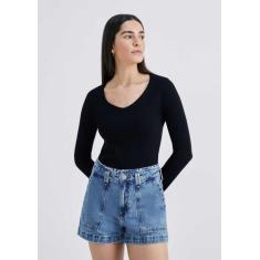 Blusa Básica Feminina Manga Longa Slim Decote V - Hering, P, Preto