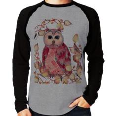 Camiseta Raglan Coruja e Folhas Manga Longa - Foca na Moda, Cinza, Pre