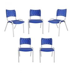 Kit 5 Cadeiras Iso Para Escola Escritório Comércio Azul Base Branca