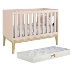 Berço Americano Classic Rosa Fosco com Pés Madeira Natural e Colchão D