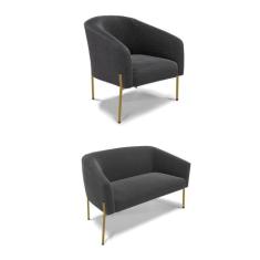 Sofá Namoradeira e Poltrona Pé Ferro Dourado Stella Bouclê Grafite D03