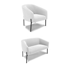 Sofá Namoradeira e Poltrona Pé Ferro Preto Stella Bouclê Off White D03