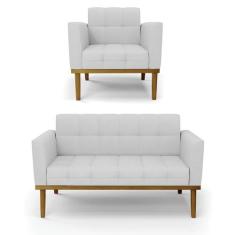 Sofá Namoradeira e Poltrona Base de Madeira Castanho Elisa Linho D03 -