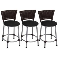 Kit 3 Banquetas Baixas Prata com Encosto Junco Argila Assento Preto - 