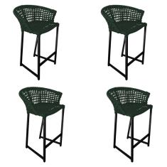 Kit 4 Banquetas Reis em Corda Náutica e Base em Alumínio Preta para Área Gourmet  Verde Musgo