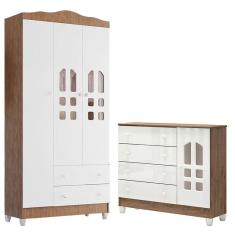 Cômoda Selena e Guarda Roupa Infantil New Selena 3 Portas Branco Acetinado Amadeirado – Carolina Móveis