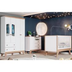 Quarto de Bebê Completo Confete 3 Peças (1 Guarda Roupa + 1 Berço + 1 Cômoda) QI57 Branco/Jequitiba - Henn