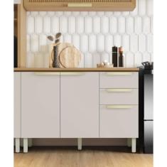 Balcão de Cozinha 120cm 3 Portas 2 Gavetas em Mdf com Tampo New Porto Freijó/Off White