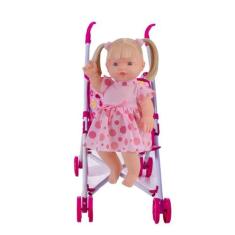 Boneca Falante Loira Divertida + Carrinho De Passeio Rosa - DM Toys e 