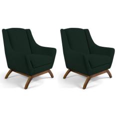 Kit 02 Poltronas Decorativa Fixa Base de Madeira Juliet D02 Linho Verd