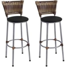 Kit 2 Banquetas Altas Prata com Encosto Junco Capuccino Assento Preto 