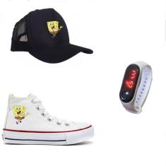 Kit Infantil Bob Esponja Tênis Star Boné Relógio - Vinis Store, Branco