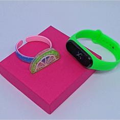 Kit Relógio Digital Led Touch Prova água Menina Esporte + Bracelete Pulseira Infantil 3D desenho animado Presente