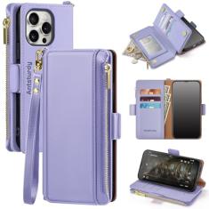 Antsturdy Capa carteira para iPhone 13 Pro Max 【bloqueio de RFID】 Capa de telefone de couro PU feminina masculina flip capa protetora à prova de choque com alça zíper compartimentos para cartão de