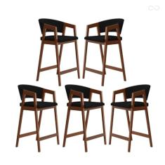 Kit 5 Banquetas Alta com Encosto Ravena Madeira Maciça Maciça Pinhão Suede Preto CCS