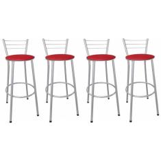 Kit 4 Banquetas Altas Prata com Encosto Assento Vermelho