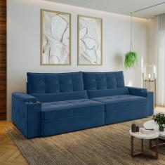 Sofá Retrátil e Reclinável com Porta Copos e Usb 4 Lugares 300cm Embaúba Extra Cabecasa Madeiramadei Azul Diamante