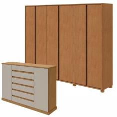 Conjunto de Guarda-Roupa Casal Leder 6 Portas com Pés e Cômoda 2 Portas Vedra  Amêndoa Clean