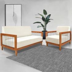 Conjunto Sofá Namoradeira e Poltrona Sala de Estar Pés Madeira Maciça Corda Náutica Preta Manila Linho Off White Rústico G63 - Gran Belo