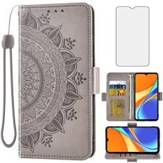 Asuwish Capa carteira compatível com Xiaomi Redmi 9C e protetor de tela de vidro temperado porta-cartão de crédito flip acessórios alça de pulso suporte capa de celular para Redmi9C NFC Redme C9