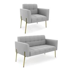 Sofá Namoradeira E Poltrona Pé De Ferro Dourado Elisa Suede D03 - D'rossi Cor Cinza