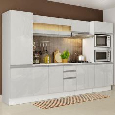 Cozinha Completa 100% mdf Madesa Smart 300 cm Com Armário, Balcão e Tampo - Frentes Branco Brilho