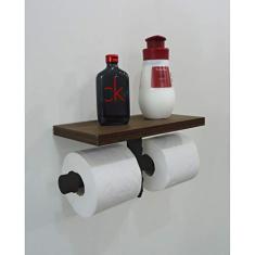 Porta Papel Higiênico Duplo Acessório para Banheiro Papeleira Suporte de Parede Estilo Industrial - Preto Laca