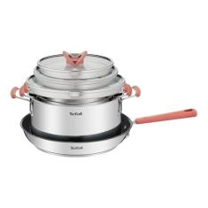 Jogo de Panelas Inox Tefal Opti’Space 4 Peças – Fundo Triplo para Indução, Frigideira Antiaderente com Thermo-Sinal, Caçarolas com Medidas Internas e Design Empilhável