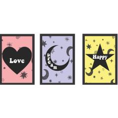 Kit 3 Quadros Decorativos 20X30 Estrela Lua Colorido Juvenil