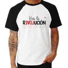 Camiseta Raglan Viva la Revolución - Foca na Moda, Branco, Preto, M