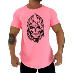 Camiseta Longline Manga Curta MXD Conceito Caveira Com Capuz, Rosa, EG
