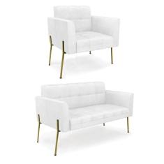 Sofá Namoradeira E Poltrona Base Pé De Ferro Dourado Elisa Corano Branco D03 - D'rossi