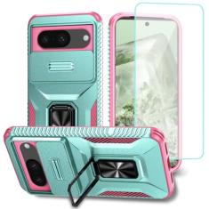 Wanyuexes Capa para Pixel 8, capa para Google 8 GKWS6 G9BQD com protetor de tela de vidro temperado e capa de câmera deslizante, suporte giratório para carro, capa à prova de choque para Google Pixel