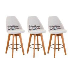 Kit 03 Banquetas Alta Maya Giratória Com Encosto Linho Bege Claro e Almofada Linhas Coloridas - Aurora Line