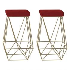 Kit 2 Banquetas Decorativas Kathy Base Gold Veludo Vermelho