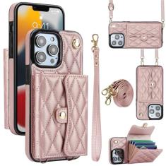 Capa carteira para iPhone 13 Pro Max com 4 pontos de cartão, capa de couro transversal com bloqueio de RFID, capa de telefone com suporte de fivela magnética, alça de pulso à prova de choque para