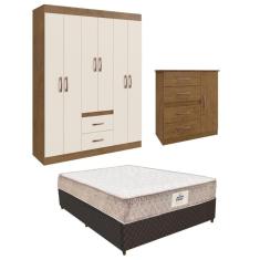 Guarda-roupas Com Cômoda E Cama Casal Com Colchão Multimóveis Cr35223 Nogueira Off White