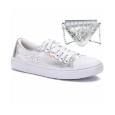 Kit Tênis Feminino  e Bolsa Metalizada Mini Triangulo Ombro Balada Fes