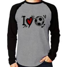 Camiseta Raglan I Love Futebol Manga Longa - Foca na Moda, Cinza, Pret
