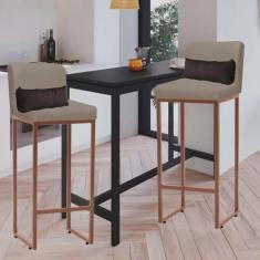 Kit 02 Banqueta Alta com Encosto Lucca Industrial Cozinha Balcão Ferro Bronze Corino Bege e Almofada Marrom - Ahazzo Móveis