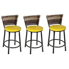 Kit 3 Banquetas Baixas Preta com Encosto Junco Capuccino Assento Amare