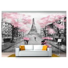 Papel De Parede Pintura Torre Eiffel Flores Cda37 - Você Decora
