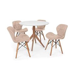 Conjunto Mesa de Jantar Maitê 80cm Branca com 4 Cadeiras Eames Eiffel Slim - Nude
