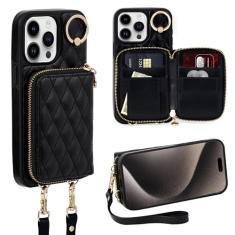 Keallce Capa para iPhone 15 Pro Max 16,7 polegadas, bolsa transversal com zíper, bolsa de pulso para mulheres, porta-cartões com bloqueio de RFID, suporte de anel de 360°, capa de couro flip para
