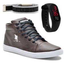 Kit Com Tênis Cano Médio Polo Plus + Relógio Digital E Um Cinto, Marro