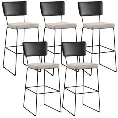 Kit 05 Banquetas Altas Cozinha Allana L02 Preto Linho Cru