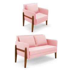 Kit 1 Sofá Namoradeira e 1 Poltrona Lana Suede Rosa Bebê Base de Madeira - D'Rossi