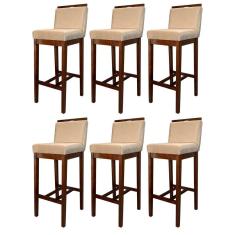 Kit 6 Banquetas Alta Estofada com Encosto Líbia Madeira Capuccino Suede Bege CCS