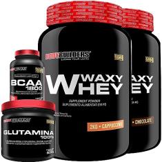 KIT 2x Whey Protein Waxy Whey 2kg + Glutamina 500g + BCAA 1800 120 Cápsulas - Bodybuilders (Chocolate e Cappuccino)