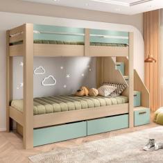 Beliche Infanto Juvenil 2 Gavetões Escada com 4 Gavetas Star Plus Casa Tema Natural/menta